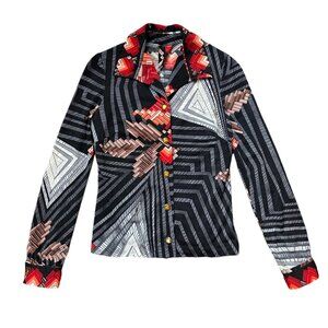 70s vintage geometric print wool blouse Faber futurist art pattern Italy.